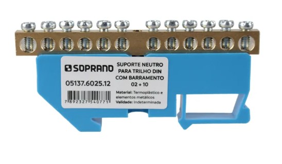 Barramento Neutro 02 Furos+ 10 Furos de 5Mm Parafixacao em Trilho Din (Azul) - Soprano